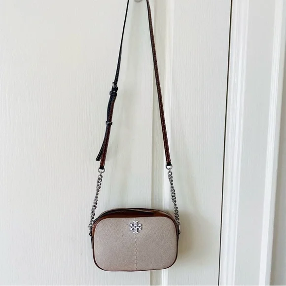 Tory Burch McGraw Color Block Patent Leather Canvas Camera Crossbody Bag - Picture 3 of 15